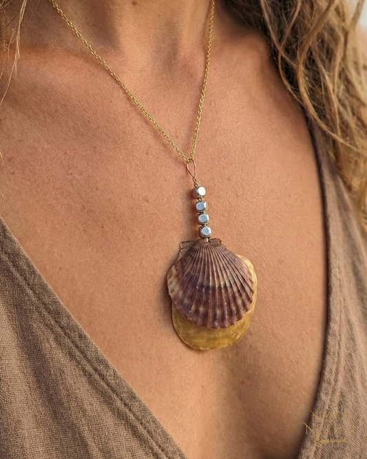 The Golden Tide Duo: Hand-Picked Atlantic Scallop & Jingle Shell Pendant | One-of-a-Kind Mystical Jewelry